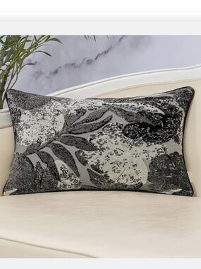 Decorative Rectangular Floral, BLack Leaf Lumbar Throw Pillow in Black and Gray